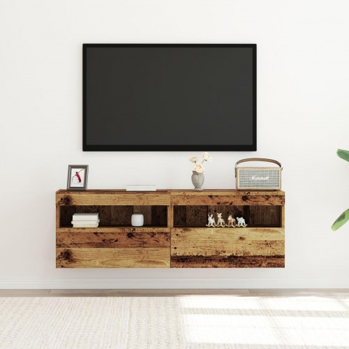 TV Væghylder med LED-lys 2 stk. Gammel træ 60x30x40 cm