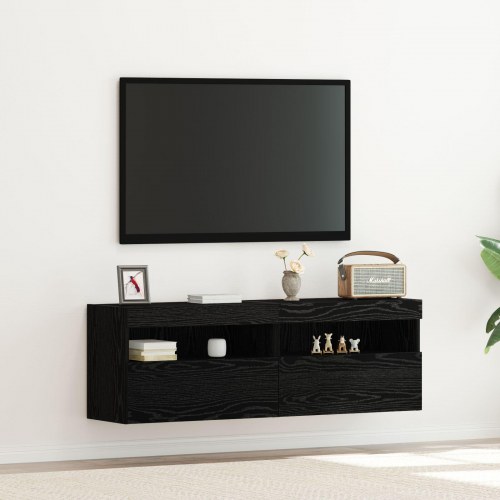 TV Vægskab med LED Lys 2 stk Sort Eg 60x30x40 cm