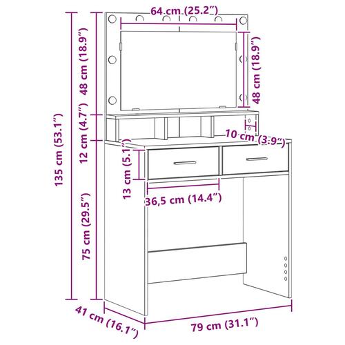 Smykkebord med LED-lys i betongrå 79x41x135 cm
