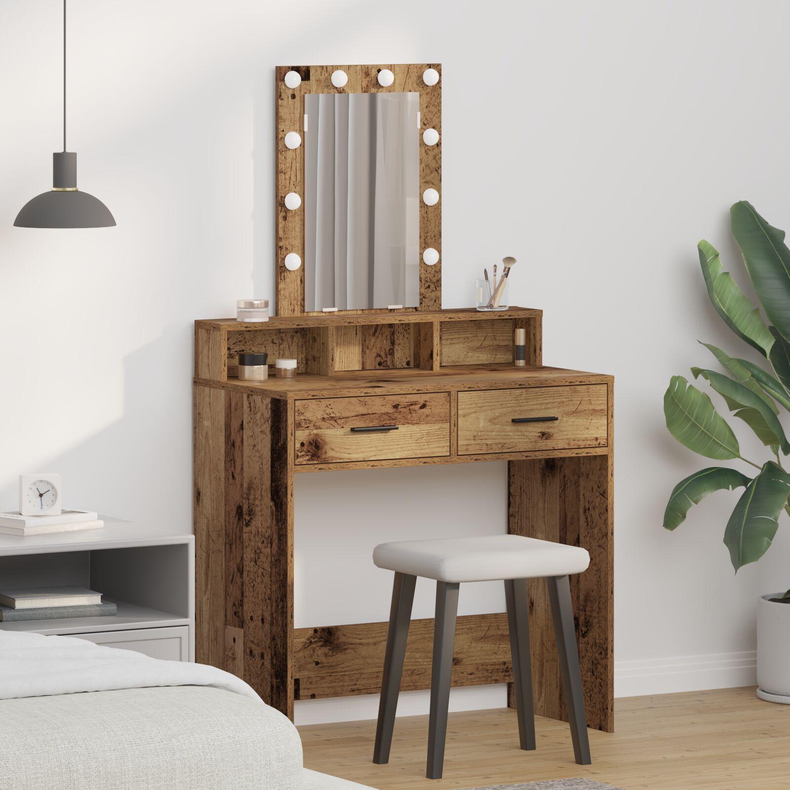 Dressing Table med LED Lys - Vintage Træ Stil, 79x41x140 cm