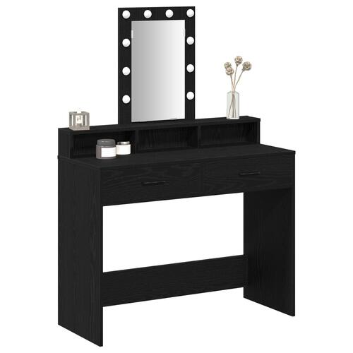Makeupbord med LED-lys - Sort Eg - 100x41x140 cm