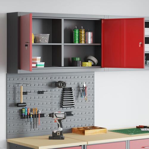 3-delt værktøjsrum og pegboard sæt til vægmontering rød metal