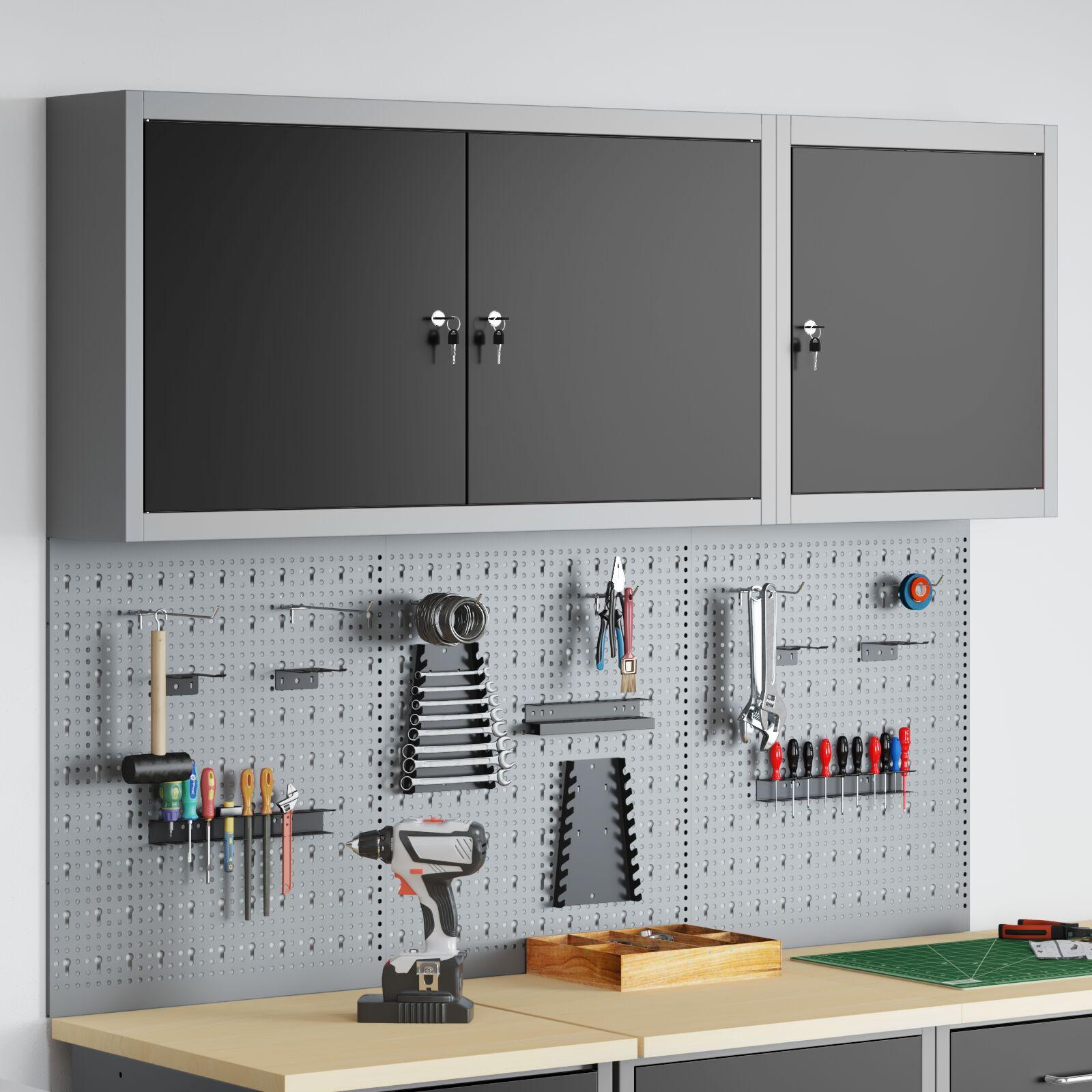 5-delt værktøjsskab og pegboard sæt vægmonteret sort metal