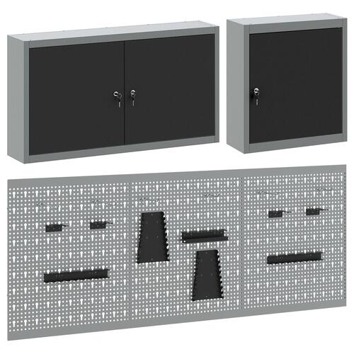 5-delt værktøjsskab og pegboard sæt vægmonteret sort metal