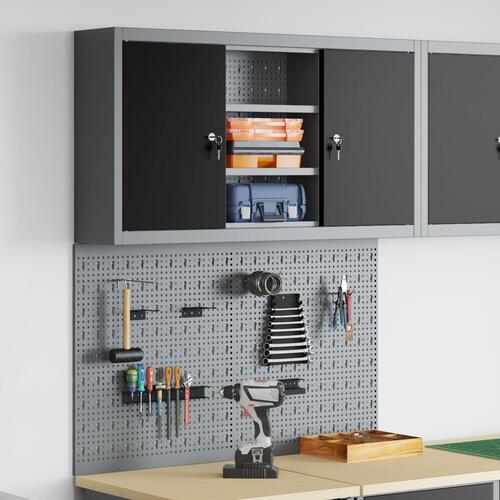 3-delt værktøjsskab og pegboard sæt vægmonteret sort metal