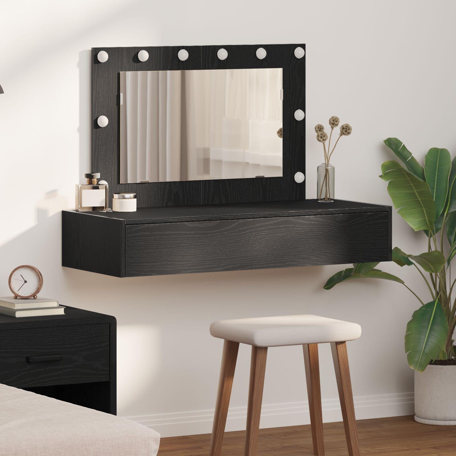 Væghængt Makeup Bord med LED Lys - Sort Eg