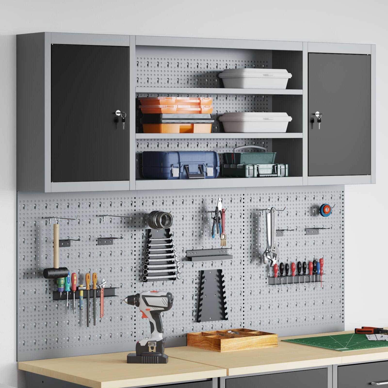6-delts værktøjsskab og pegboard sæt vægmonteret sort metal