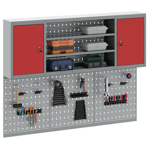 6 delt værktøjsskab og pegboard sæt vægmonteret rød metal