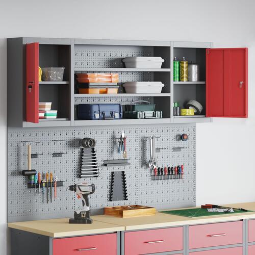 6 delt værktøjsskab og pegboard sæt vægmonteret rød metal