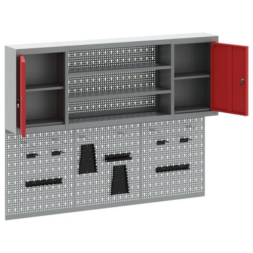 6 delt værktøjsskab og pegboard sæt vægmonteret rød metal