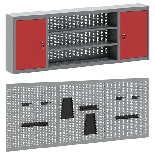 6 delt værktøjsskab og pegboard sæt vægmonteret rød metal