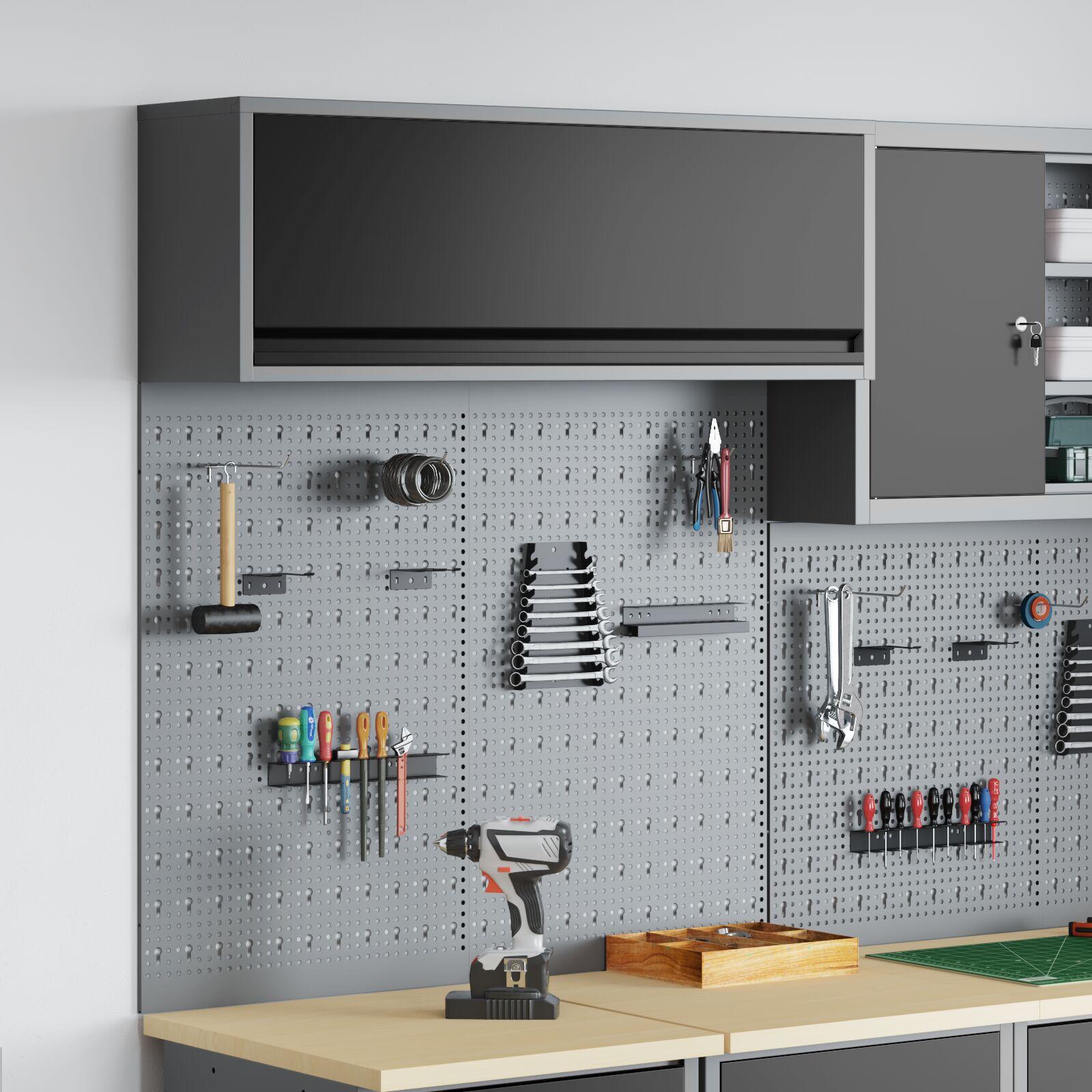 Værktøjsskabssæt med pegboard - væghængt, sort pulverlakeret stål, 3 dele