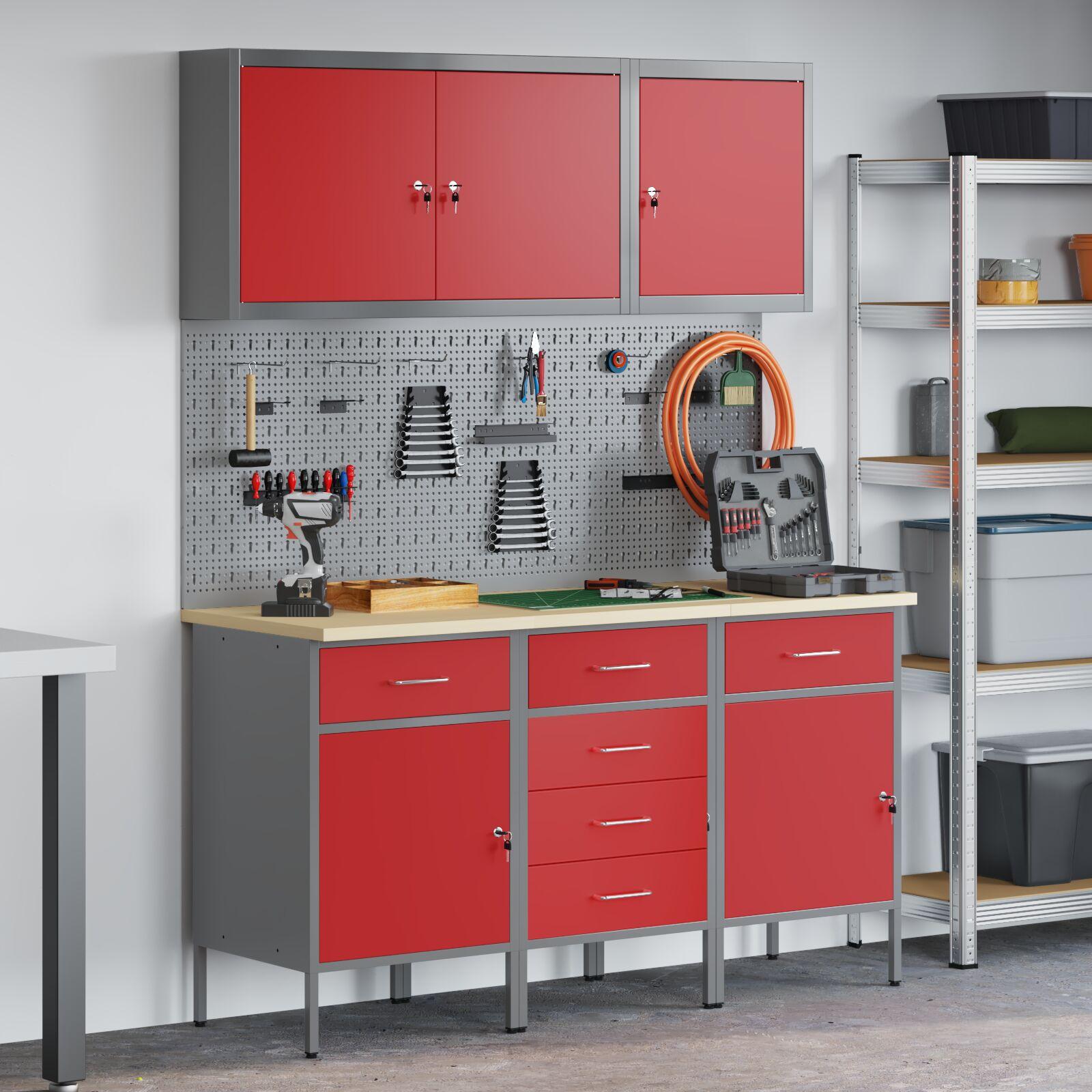 Arbejdsskab med 6 skuffer, 2 hylder og pegboard - rød, ingeniørtræ og stål