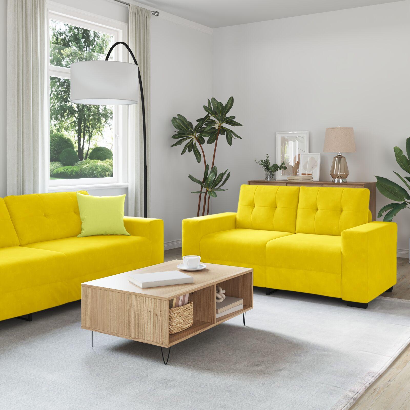 Sofasæt 3 dele i gul fløjl - 3- og 2-personers sofa samt lænestol billede