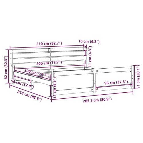 Sengeramme med sengegavl 200x200 cm massivt fyrretræ