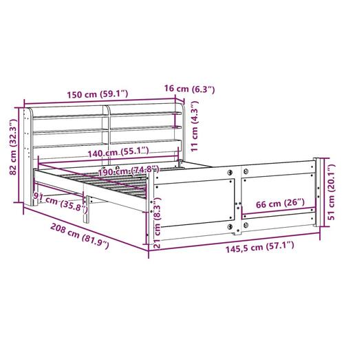 Sengeramme med sengegavl 140x190 cm massivt fyrretræ