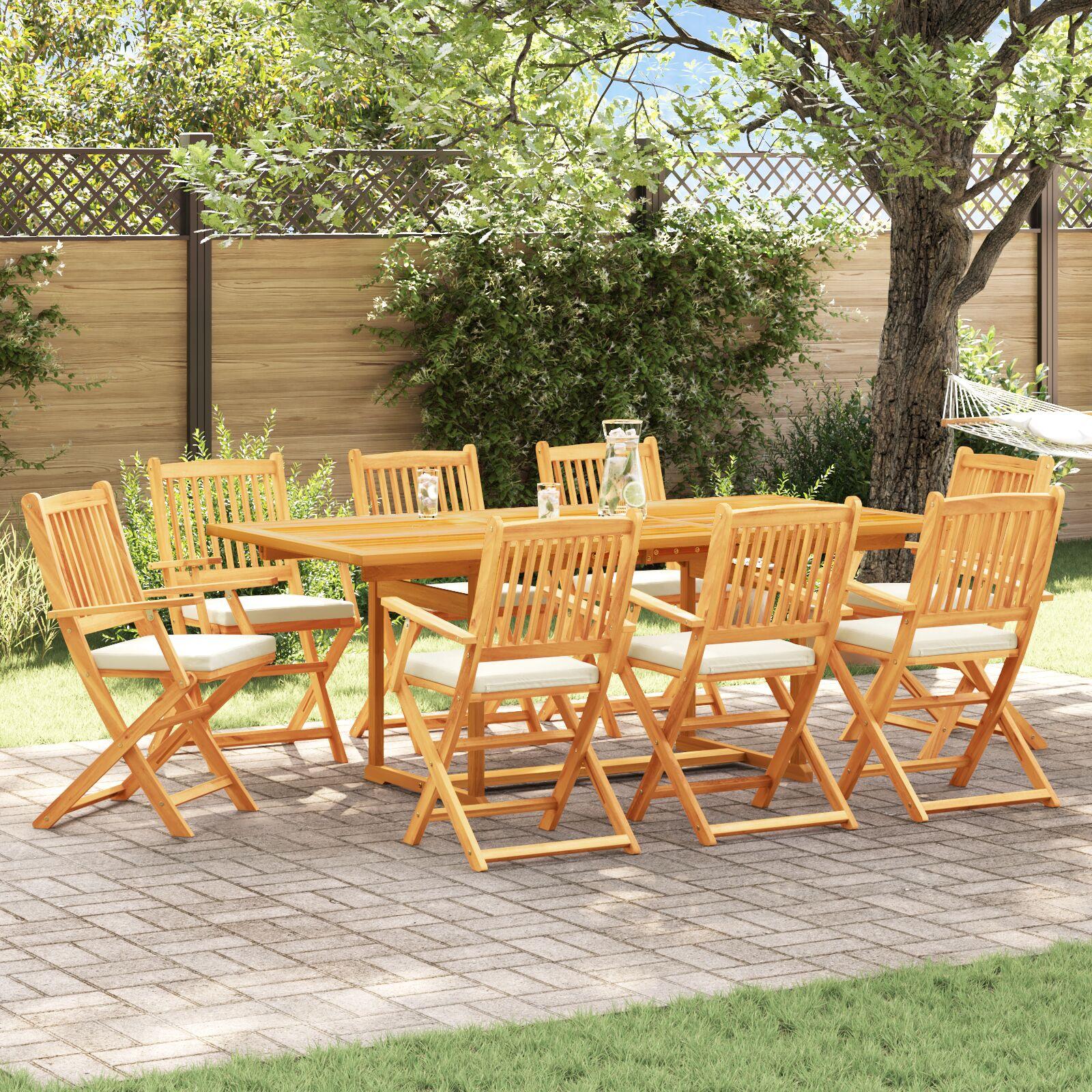 Folding Garden Chairs with White Cushion 8pcs Solid Acacia Wood