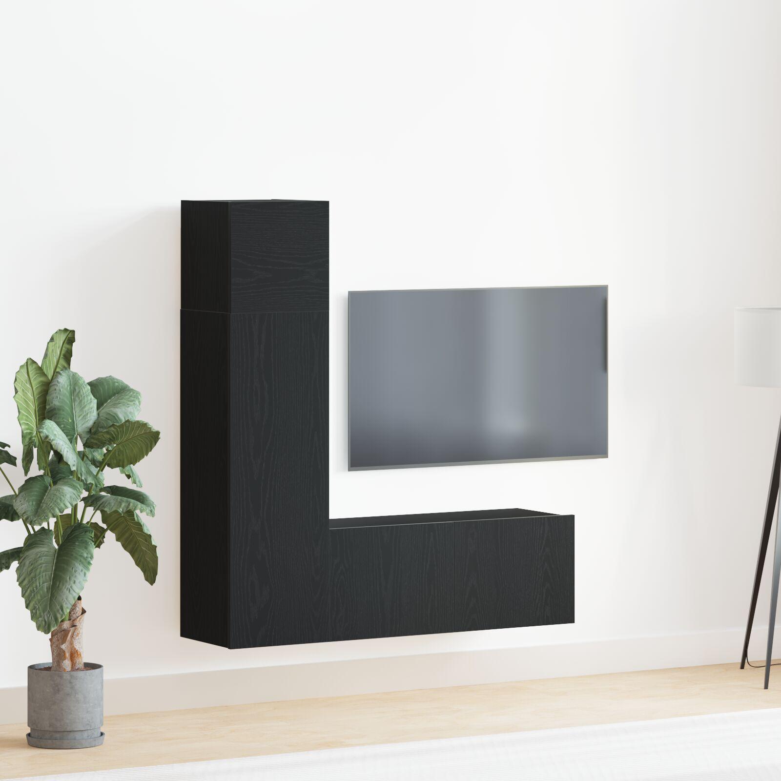 Tv-Møbelsæt 3 Dele Sort Eg 130.5 X 30 X 140 Cm Konstrueret Træ