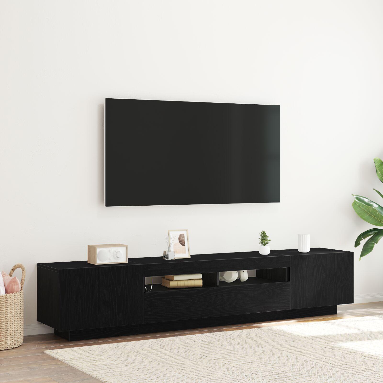 TV-bord med LED-lys i sort eg, 200x35x40 cm, lavet af konstrueret træ
