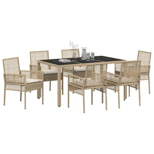 7 Personers Havemøbelsæt med Puder Beige Poly Rattan