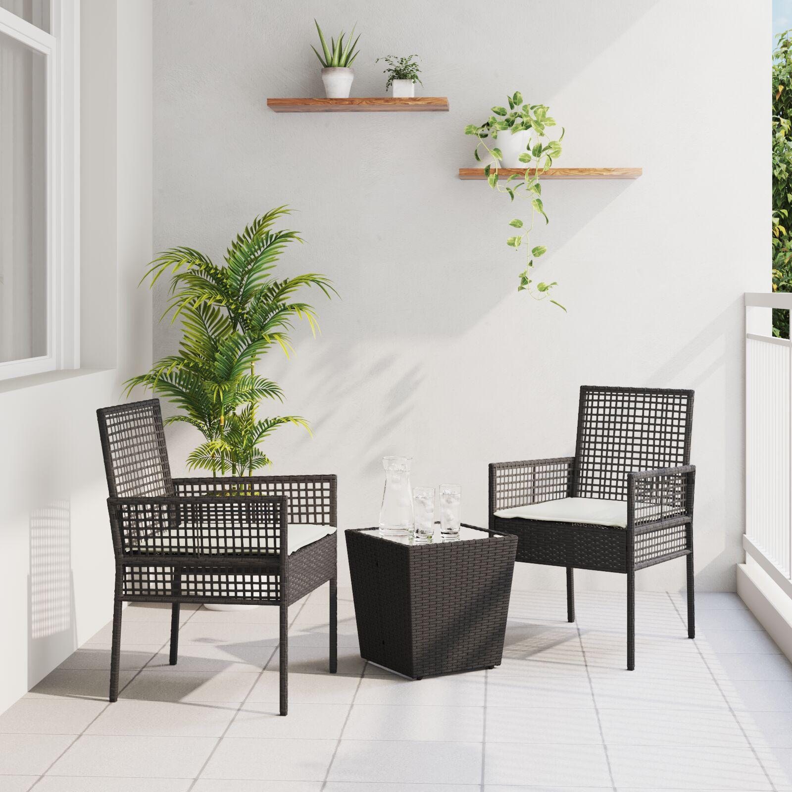 3-delt bistro sæt til haven med puder sort poly rattan