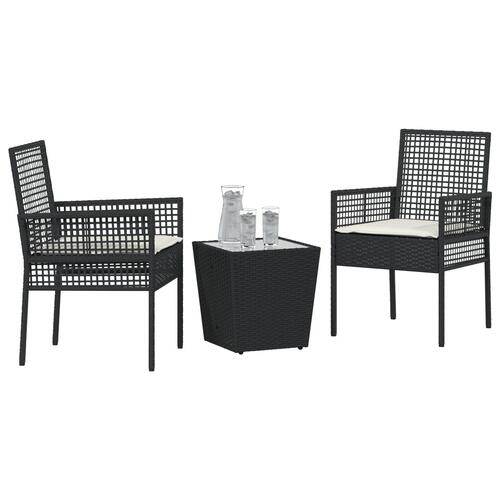 3-delt bistro sæt til haven med puder sort poly rattan