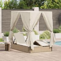 Dobbelt solstol med tag og gardiner - Beige Poly Rattan