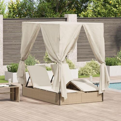 Dobbelt solstol med tag og gardiner - Beige Poly Rattan