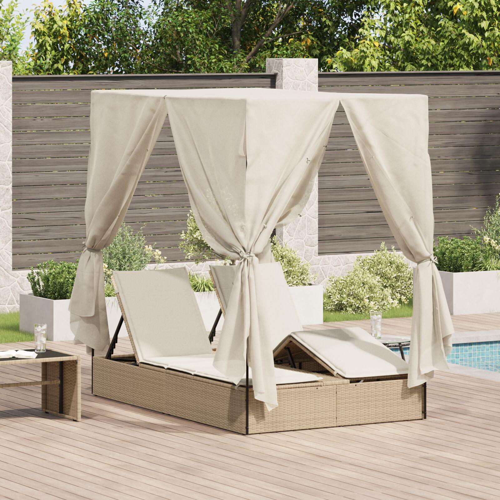 Dobbelt solstol med tag og gardiner - Beige Poly Rattan