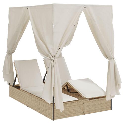 Dobbelt solstol med tag og gardiner - Beige Poly Rattan