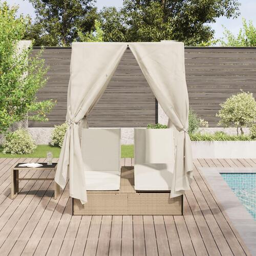 Dobbelt solstol med tag og gardiner - Beige Poly Rattan