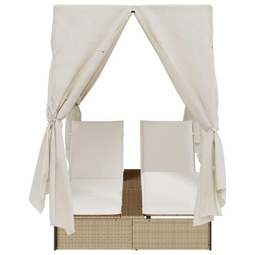 Dobbelt solstol med tag og gardiner - Beige Poly Rattan