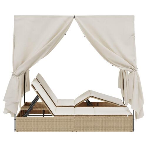 Dobbelt solstol med tag og gardiner - Beige Poly Rattan