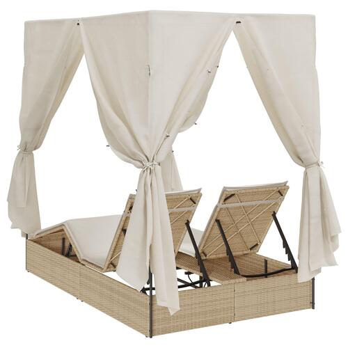Dobbelt solstol med tag og gardiner - Beige Poly Rattan