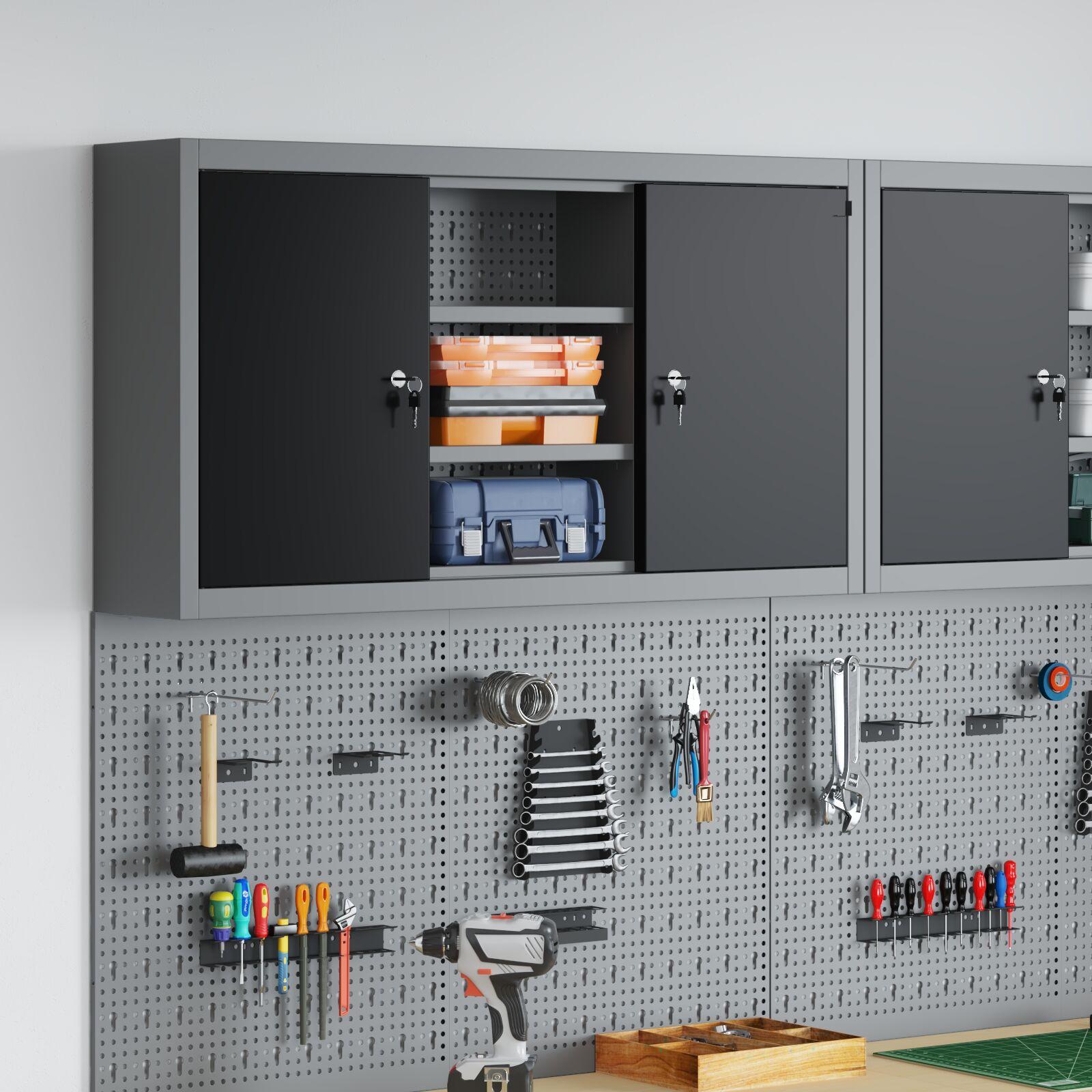 Værktøjskab vægmonteret med pegboard Sort 100x20x55 cm Stål