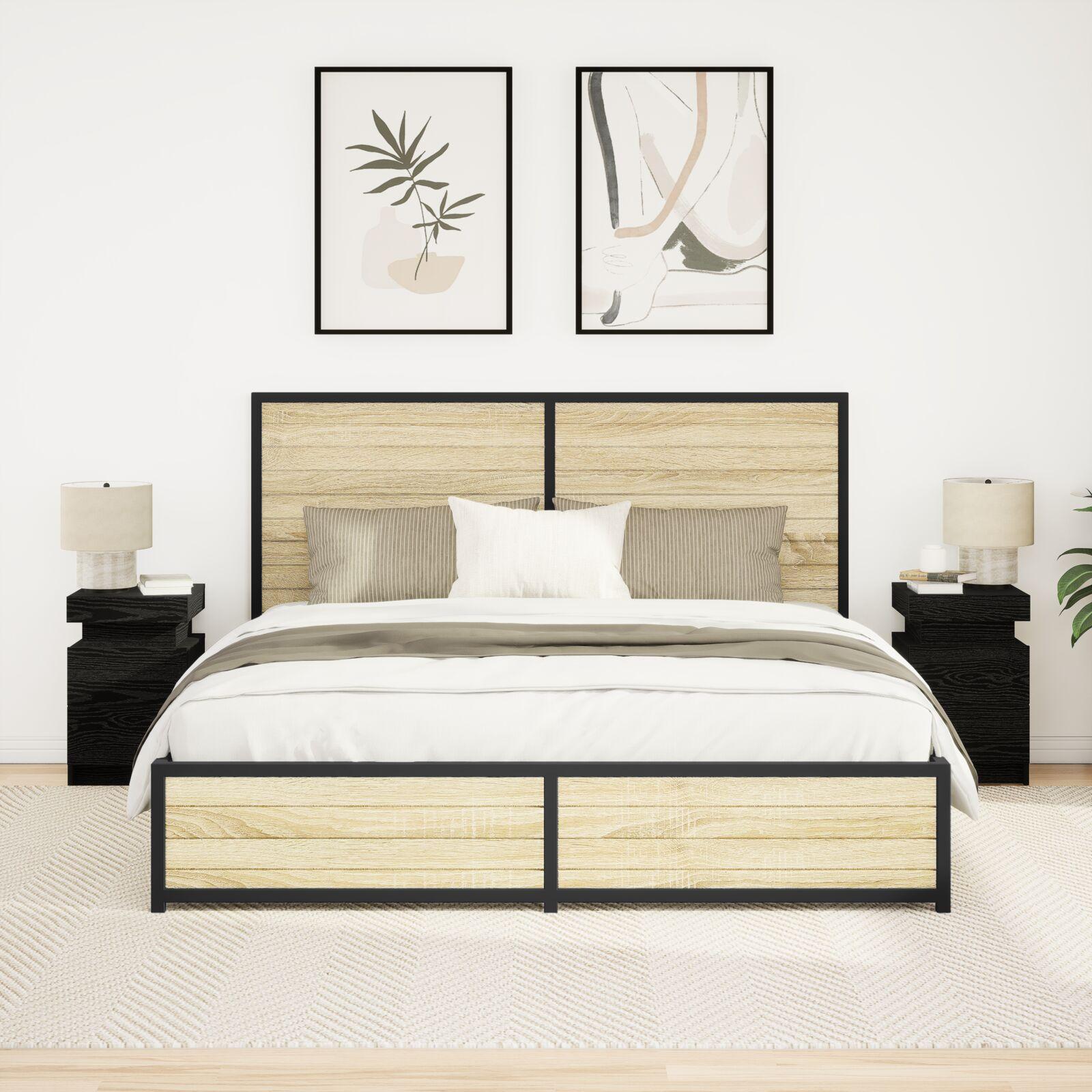 Sengebord med LED-lys 2 stk Sort Eg 35x39x55 cm billede