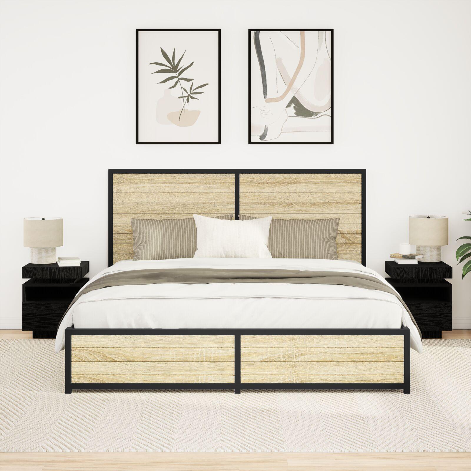 Sengebord med LED-lys 2 stk Sort Eg 40x39x48,5 cm billede