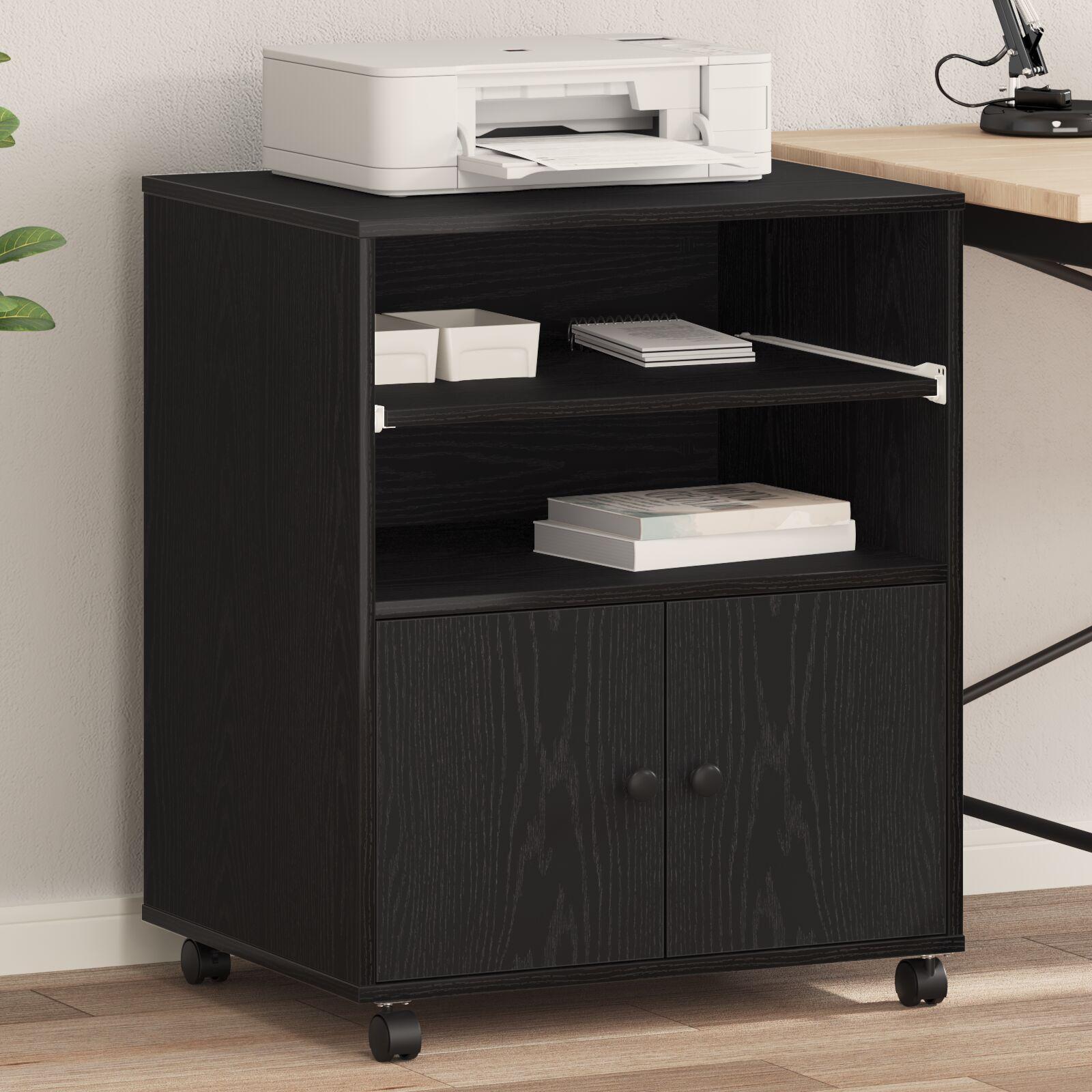 Printerstand med hjul Sort Eg 60x48x74 cm