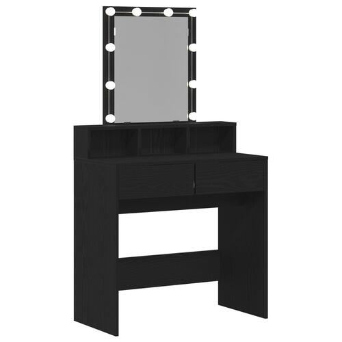 Makeupbord med Spejl og LED Lys Sort Eg Konstrueret Træ