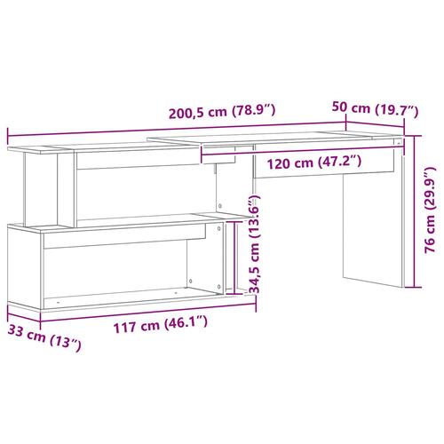 Skrivebord Sort Eg 200x50x76 cm Konstrueret Træ