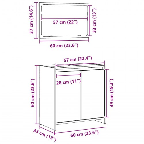Badeværelsesskab med Spejl Sort Eg 60x33x61 cm Konstrueret Træ