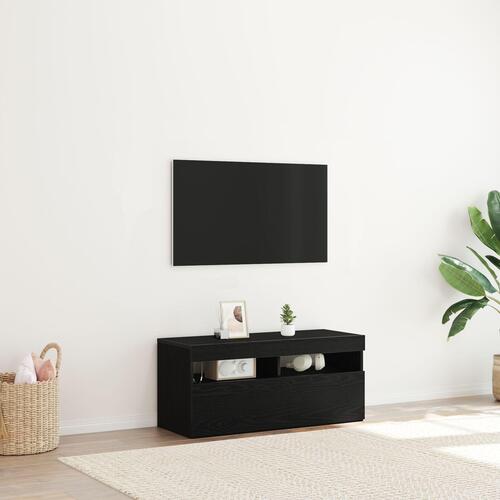 TV-bord med LED-lys, Sort Eg, 90x35x40 cm, Konstrueret træ