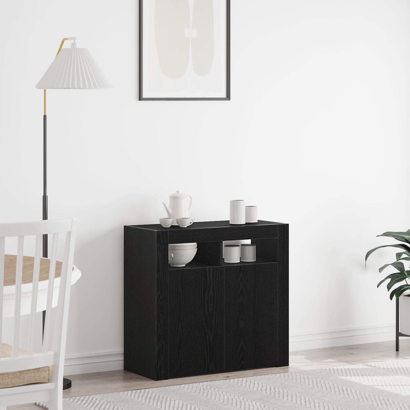 Skab med LED-lys Sort Eg 80x35x75 cm Konstrueret træ billede