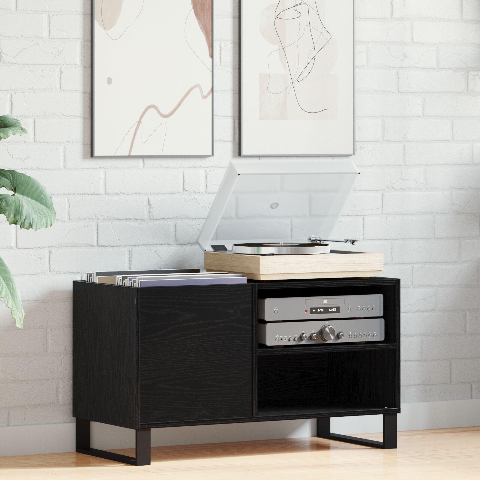 Pladeskab Med Hylde Sort Eg 85 X 38 X 48 Cm Konstrueret Træ