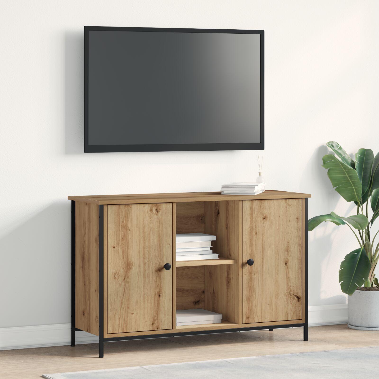 TV Skab Sort Eg 101x35x65 cm Konstrueret Træ og Stål
