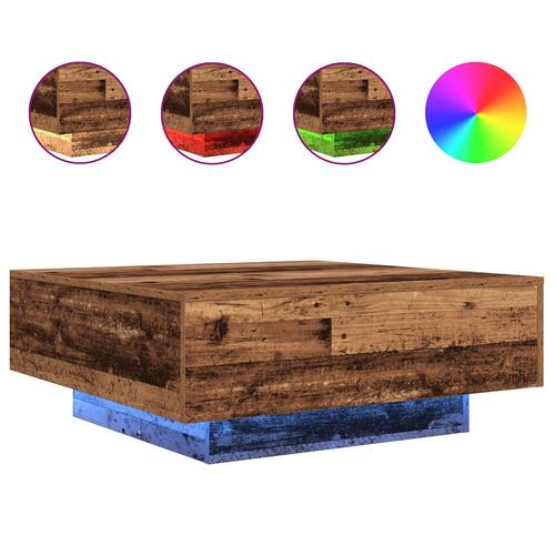 Sofabord med LED-lys Gammel Træ 80x80x31 cm