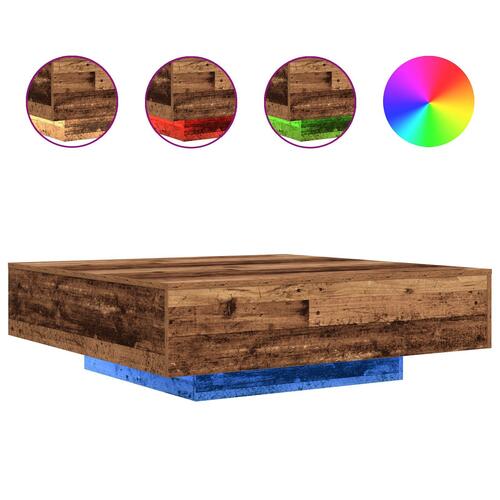 Kaffebord med LED-lys Gamle Træ 100x100x31 cm
