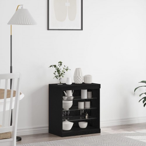 Sideboard med LED Lys Sort Eg 60,5x37x67 cm