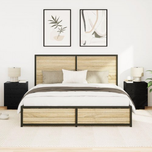 Sengeborde med LED lys 2 stk Sort Eg 45x40x55 cm