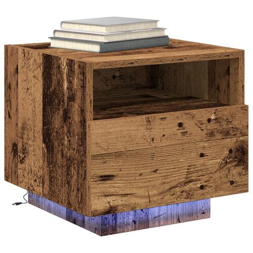 Sengebord med LED-lys Gammel træ 40x39x37 cm